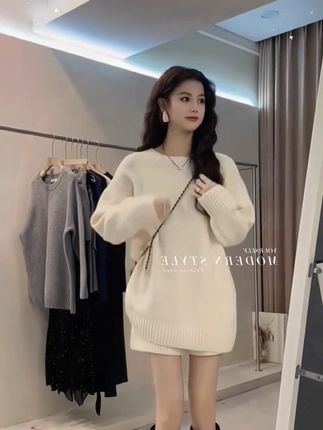 #早春一整套女装2025新款韩版针织宽松套头毛衣高腰显瘦短裤两件套