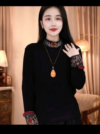 引卷 秋季新款中国风套头文艺民族风刺绣打底衫