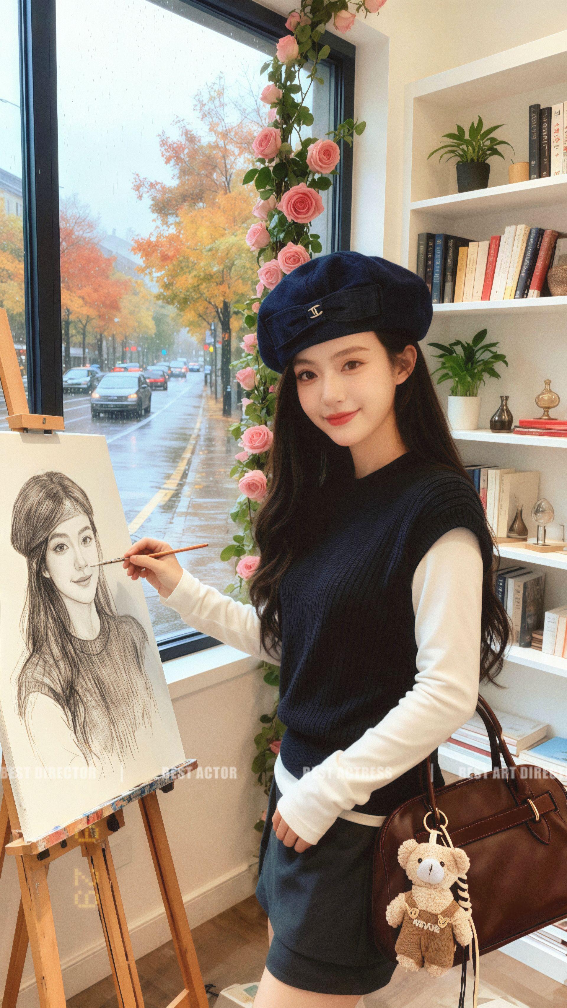 窗前秋色如画,笔尖流转温柔。🎨 黑白线条勾勒出心中的风景,窗外是斑斓的落叶与细雨,窗内是静谧的创作时光。🌹 一顶深蓝贝雷帽,搭配简约针织衫,慵懒中透着文艺气息。手提包上的小熊挂件,为整体增添了一丝俏皮。✨ 这样的穿搭,仿佛是从韩剧里走出来的女主角。 #韩系穿搭 #慵懒风穿搭 #时尚穿搭 #减龄穿搭 @抖加🔥上热门🔥dou+🔥热点宝