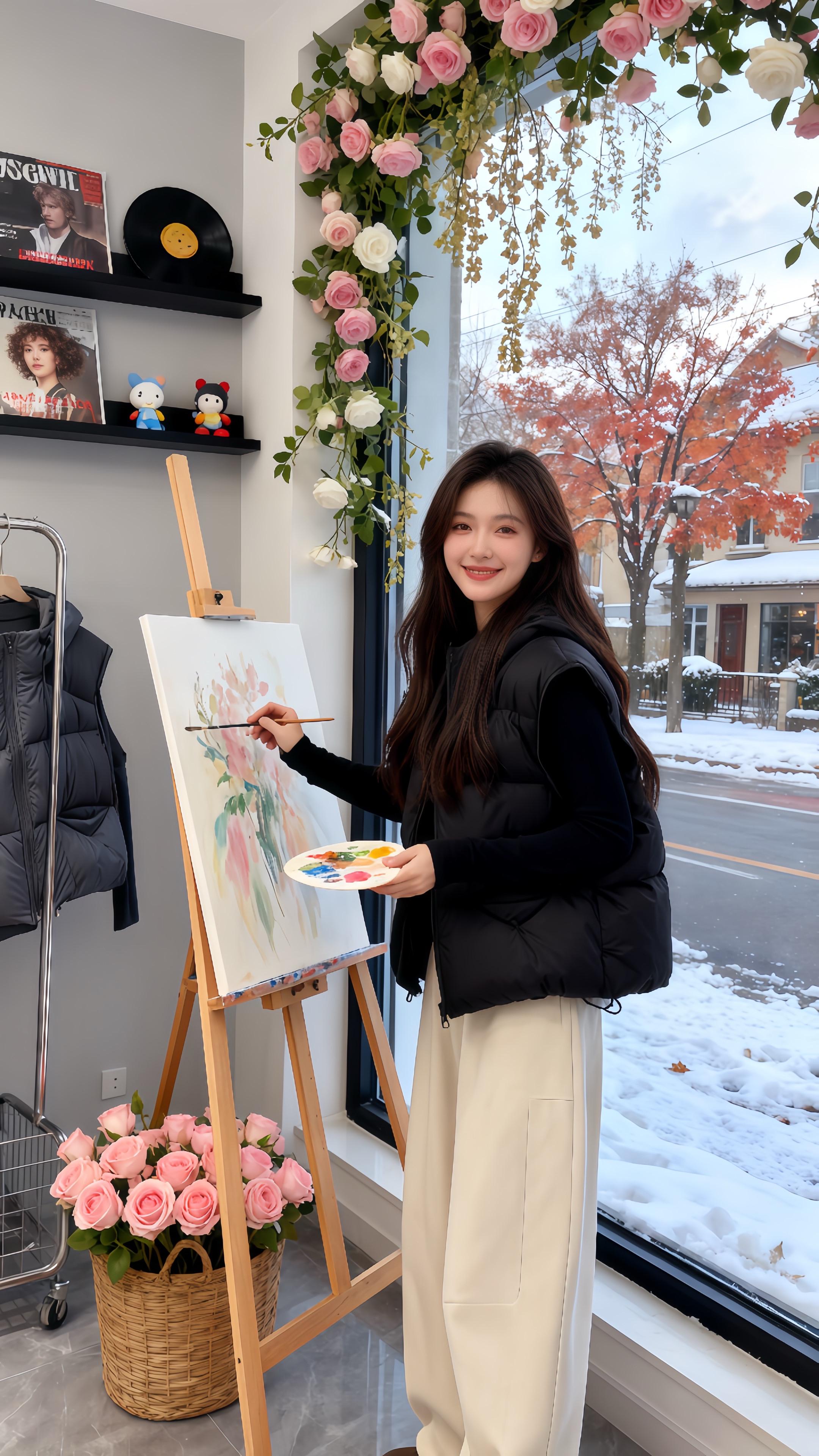 《画室雪日》林晚推开画室门时,雪正簌簌落在落地窗的爬藤玫瑰上,粉白的花瓣沾了雪,像揉碎的糖霜。她把黑色羽绒马甲的拉链往上拉了拉,长发被暖气烘得微微卷曲,转身时,画架上那幅未完成的水彩正映着她眼里的光。 置物架上的黑胶唱片转着圈,卡通玩偶随着音乐轻轻晃。金属衣架上挂着同款马甲,旁边编织篮里的粉色玫瑰开得热烈,与窗外栾树的落雪奇妙地融在一处。 她拿起颜料盘,指尖蘸了点湖蓝,忽然抬眸朝门口笑:“你看,今年的雪,落在画上会是什么颜色?”#韩系穿搭#大码显瘦穿搭#遮肉显瘦遮肉减龄#不挑年龄不挑身材@抖加🔥上热门🔥dou+🔥热点宝