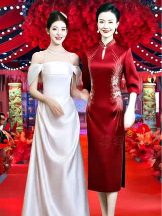 2025新进口三醋酸亮酒红改良旗袍后开叉修身喜婆婆妈妈婚宴礼服#中式旗袍 #酒红色旗袍 #婚宴礼服 #修身礼服裙 #爆款热卖中