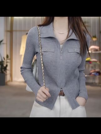 花倾慕2024秋冬新款气质显白双拉链修身竖坑条立领针织开衫女M133#针织开衫上衣 #针织开衫 #针织上衣 #上衣推荐 #针织开衫外套