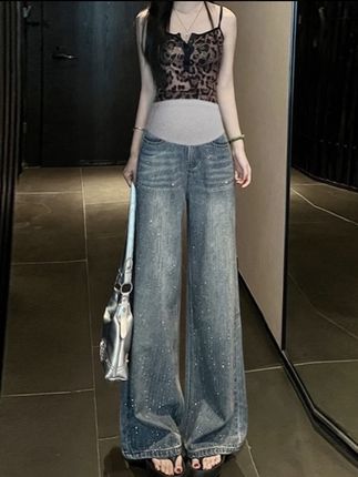 2025新款孕妇牛仔裤秋冬季加绒复古蓝爆闪满天星烫钻阔腿拖地长裤#孕妇裤 #显高显瘦显腿长 #百搭裤子 #小众设计感 #秋冬穿搭