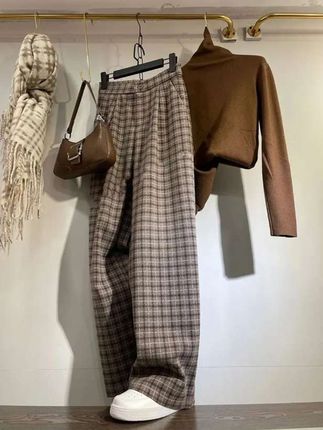 卡其色加绒休闲裤,女秋冬新款胖mm大码梨形身材显瘦宽松毛呢阔腿裤
