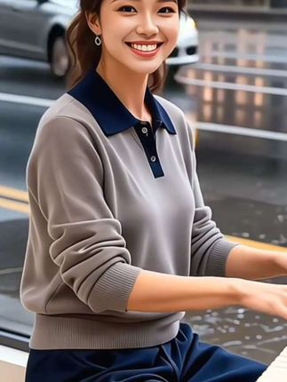 2025春秋新款时尚套装女洋气显瘦撞色翻领针织衫上衣阔腿裤两件套