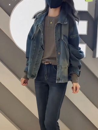 法式复古牛仔短外套女春秋新款上衣欧货大码女装宽松长袖工装夹克#复古牛仔外套#时尚穿搭 #好物推荐