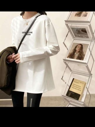 2025新款打底衫早秋长款宽松棉T白色百搭外穿简约女士开叉内搭