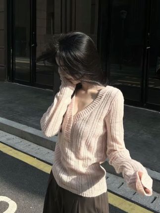 时尚领毛织上衣女竖坑条螺纹镂空针织衫 #打底 #内搭 #长袖 #秋冬穿搭 #中秋节