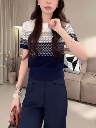 2025夏季修身显瘦撞色短袖针织上衣百搭休闲阔腿裤套装洋气衣服女#气质显瘦穿搭 #时尚套装两件套 #洋气小衫