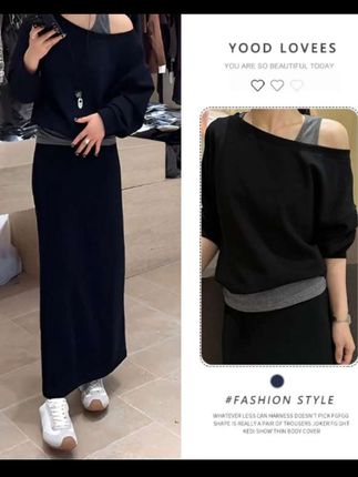 韩系女装设计感黑色假两件斜肩上衣半身长裙宽松显瘦春秋气质套装