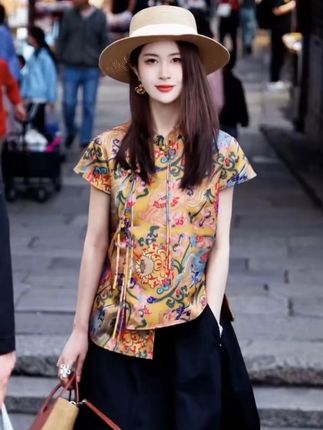 新中式国风立领盘扣短袖衬衫女时尚洋气气质显瘦上衣 #国风古韵 #复古美 #洋气减龄 #今年双11提前开场 @DOU+小助手