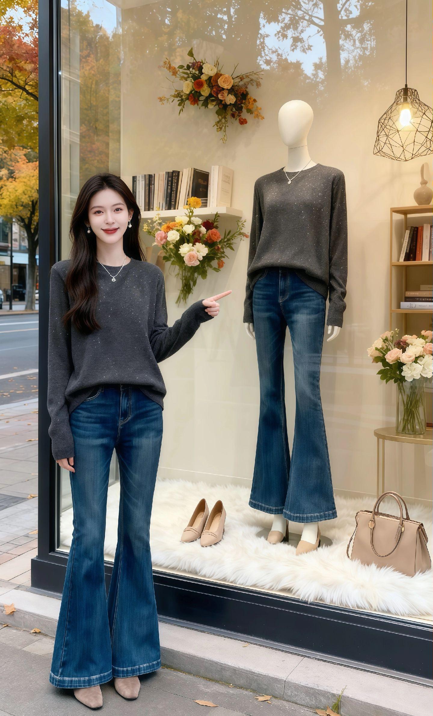 《冬日暖阳与微喇牛仔》 许妍的服装店在梧桐叶落尽的冬日,成了街头一抹亮色。她指尖抚过微喇牛仔裤的缝线,像在触摸一段未说出口的情愫。 橱窗里的模特穿着同款,恍惚是他曾驻足的模样。抱着博美犬“奶糕”在窗边发呆时,她总觉得那辆驶过的车,会载着他出现。 午后在沙发上给奶糕顺毛,阳光透过积雪的枝桠,落在她身上的灰色毛衣上,闪着细碎的光。她忽然想起他说“你穿微喇裤时,像把整个秋天的温柔都穿在了身上”。 如今她把这份温柔做成穿搭,在每个街角,等风,也等一个似曾相识的回眸。而那杯未凉的咖啡,和“波波超爆爆”的投影,都是她藏在穿搭里的,关于重逢的念想。#韩系穿搭 #慵懒风穿搭 #减龄气质 #美搭尽显女神范 #慵懒风穿搭 @抖加🔥上热门🔥dou+🔥热点宝