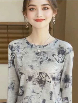 轻奢天丝莱赛尔T恤设计感复古水墨蝴蝶印花长袖打底上衣宽松百搭#体恤 #复古 #轻奢#舒适百搭