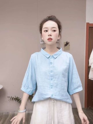韩版新款啊 光板纯色 小尖领女士开衫短袖衬衫双层纱上衣休闲衬衣 #好看的衣服都在这里 #谁穿谁好看 #夏季新款 #精致女装 #纯棉面料