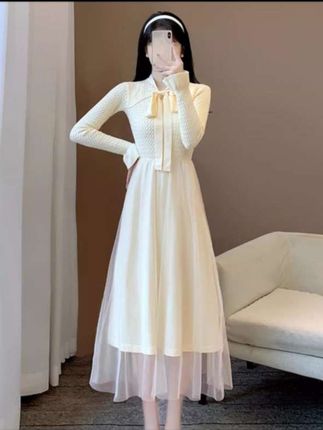 洋气时尚春秋针织毛衣连衣裙仙女气质温柔甜设计感收腰网纱打底裙#优雅气质 #时尚气质穿搭 #高级感穿搭 #高端大气 #巨量千川