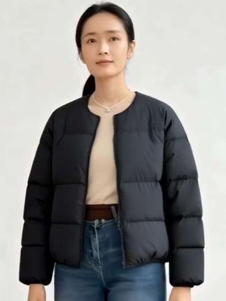 25739-长袖女直下摆短款通勤风棉衣宽松纯色上衣立领气质