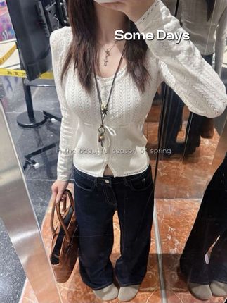 韩系纯欲u领镂空长袖针织打底衫女早秋辣妹收腰显瘦别致内搭上衣#针织上衣 #u领上衣 #女装 #收腰上衣