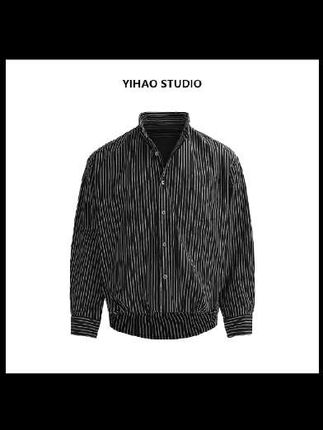 YIHAO STUDIO秋季男款假两件条纹衬衫高级休闲宽松翻领长袖衬衣#衬衣#高级#休闲#宽松#条纹