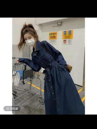 法式复古牛仔衬衫长袖连衣裙女秋装2025新款高级感收腰气质长裙子#时尚穿搭时尚穿搭时尚 #女装穿搭 #时尚气质穿搭