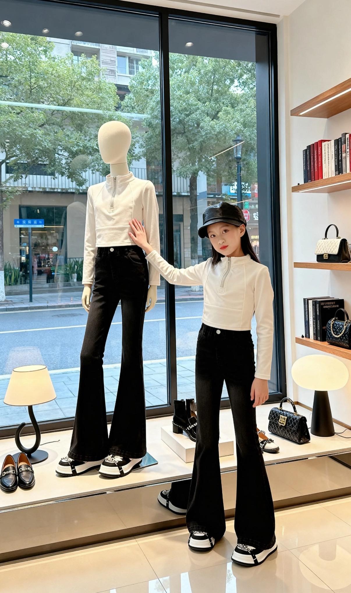 女童加绒加厚牛仔裤冬天新款弹力黑色女童喇叭裤一体绒中大童裤子#显高显瘦显腿长 #百搭裤子 #谁穿谁好看#面料柔软舒适 #穿搭