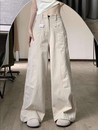 美式米杏色复古工装牛仔裤女夏季新款高腰宽松显瘦直筒阔腿长裤潮#工装裤 #韩系穿搭 #百搭裤子 #夏季新款 #高腰显瘦牛仔裤