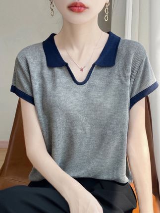 天丝苎麻POLO领拼色针织衫减龄时尚翻领女T恤百搭夏季六一的宝藏#显瘦遮肉 #短袖t恤