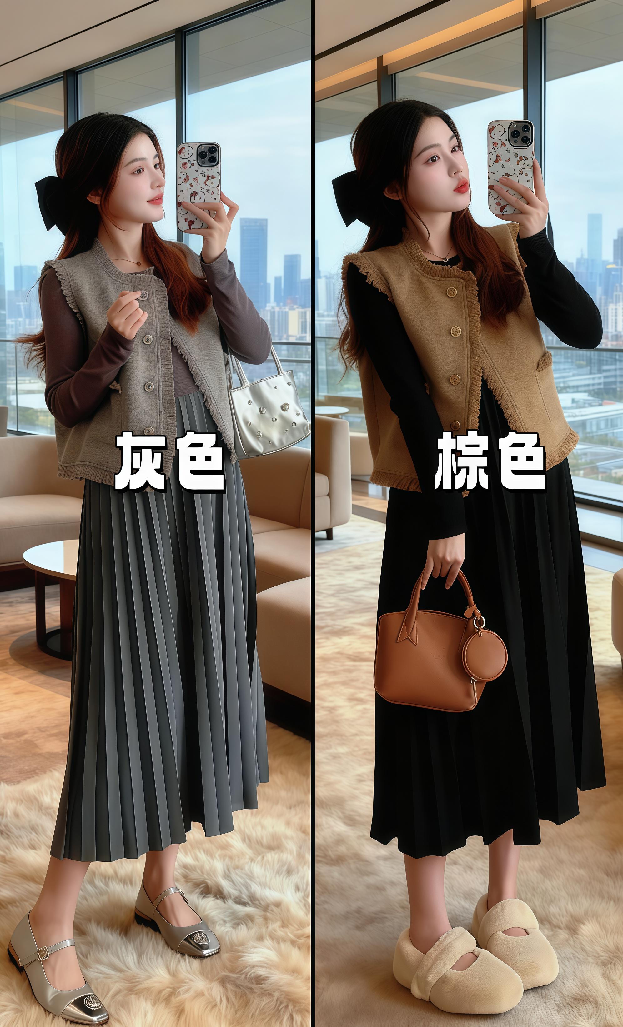 💫这套高级感孕妇装直接戳中审美点!软乎乎的流苏马甲+垂坠感百褶裙,版型宽松不勒肚,孕期各个阶段都能穿~亲肤面料贴身穿也舒服,搭配起来温柔又显气质,日常出街或者和小姐妹约个下午茶,都很有格调✨ 大地色系的搭配自带高级感,就像在设计酒店里的松弛感,孕期也要做精致孕妈呀~别再纠结孕期穿什么,这套闭眼入,让你从孕早期美到孕晚期!#孕妇装 #孕妇秋装 #秋日穿搭 #孕期穿搭 ##遮肉显瘦 @抖加🔥上热门🔥dou+🔥热点宝 @DOU+上热门 @DOU+小助手