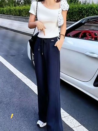 高腰阔腿裤#休闲裤 小个子大阔腿裤秋冬厚款长裤刺绣直筒显瘦宽松女裤#显瘦穿搭 #显高显瘦显腿长 #百搭裤子 #谁穿谁好看@DOU+小助手