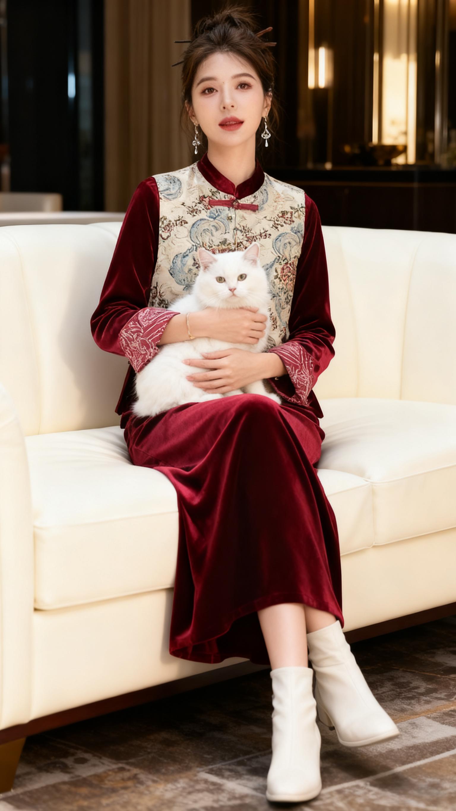 《丝绒与时光的雅叙》 当丝绒的酒红撞上复古马甲的织锦,她便成了时光里的优雅注脚。 在米白沙发的暖光晕染中,怀中白猫的绒毛与衣料的光泽相映成趣,中式穿搭的温婉在指尖与猫爪的互动里悄然流淌;转至咖啡厅的落地窗边,咖啡杯的棕与丝绒的红撞出摩登火花,窗外的城市街景成了她衣袂间的动态画框;最后在杂志架旁,折扇轻摇时惊落萨摩耶的软毛,时尚刊物的缤纷封面与她身上的传统纹样,在一静一动间完成了古今美学的对话。 三幕场景,同一件新中式套装在不同空间里演绎着各异风情,每一处陈设的细节都似在为这穿搭的雅致喝彩,将传统与现代的时尚语言,缝进了生活的每一寸温柔里。#国风新时尚 #新中式马甲套装 #复古套装裙 #谁穿谁漂亮 #时尚洋气