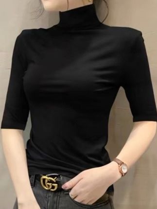 莫代尔高领中袖打底衫女内搭新款修身内搭五分袖黑色洋气上衣#莫代尔打底衫