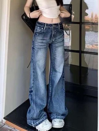 美式复古阔腿牛仔裤女2025新款水洗裂痕宽松不贴腿直筒微喇拖地裤#今日穿搭 #牛仔裤 #简约大气 #牛仔裤穿搭 #牛仔穿搭