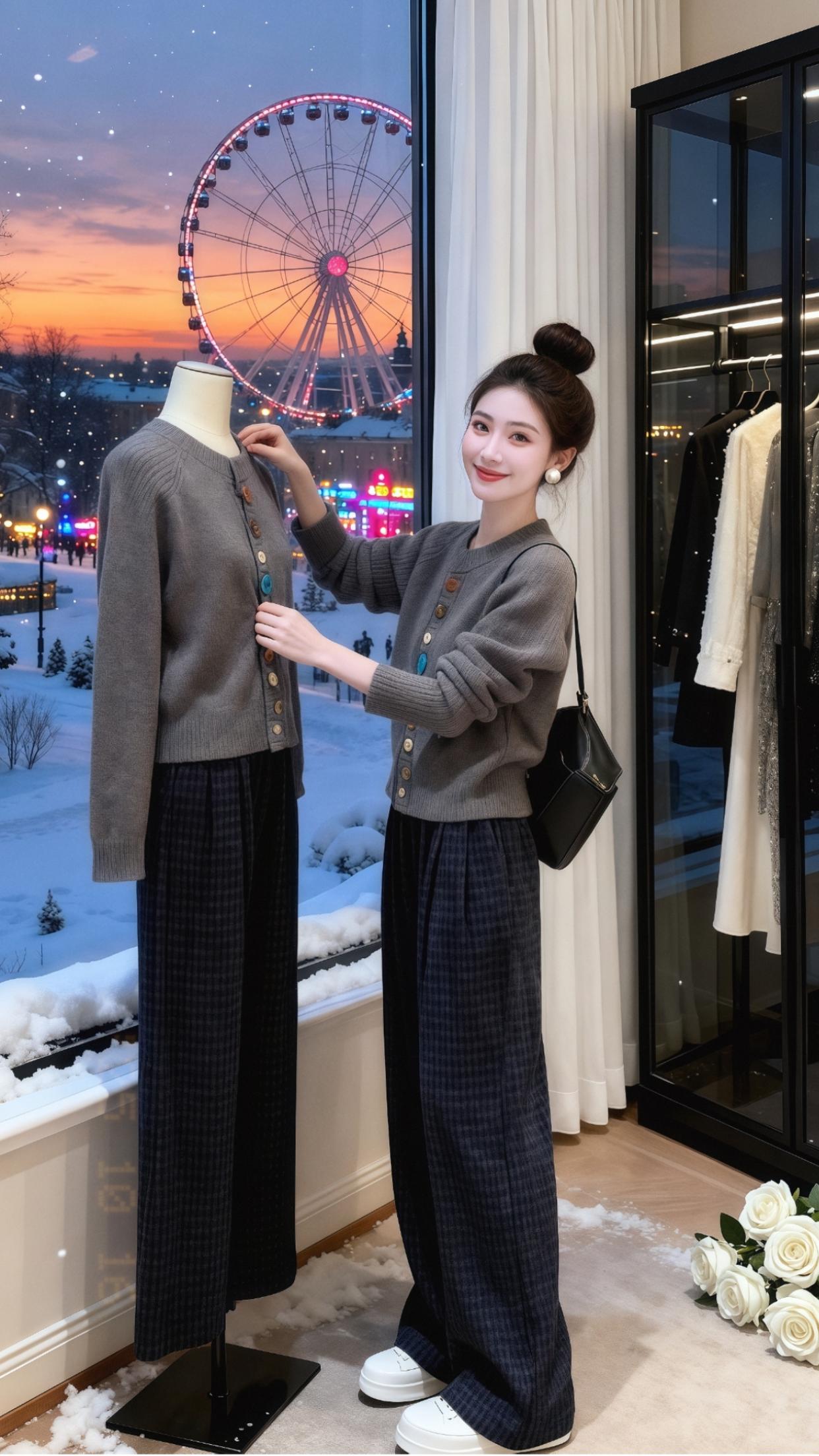 《冬日摩天轮下的时尚密语》 飘雪的都市角落,许妍与这套韩系两件套撞了个满怀。灰色针织开衫的彩色纽扣似是冬日里的俏皮暗号,格纹阔腿裤在脚踝轻晃,把寒风都衬得温柔。 当她站在落地窗前,身后摩天轮的霓虹与雪色交融,仿佛闯进韩剧片场。这一身松弛又精致的搭配,是职场通勤的利落,也是街角咖啡屋的慵懒。 在属于自己的时尚剧本里,她靠着这套穿搭,把冬日的单调过成了浪漫连载。#高级感穿搭 #许妍用穿搭演绎角色灵魂#许妍同款气质半扎发#早秋姐感气质穿搭 #许妍激发了大家的打扮欲