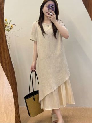 小个子亚麻短袖夏季拼接套头中长裙新中式休闲舒适百搭宽松连衣裙#夏季穿搭 #女装 #初夏的味道 #连衣裙 #穿搭技巧
