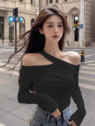 早春新款露肩长袖T恤女上衣小众设计感修身显瘦韩版百搭多色可选#衣服质量杠杠的好 #衣服穿搭 #衣服漂亮喜欢推荐