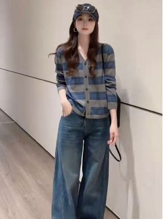 秋季穿搭一整套韩版条纹针织开衫显瘦阔腿牛仔裤两件套#通勤搭配 #穿出自信穿出美丽 #休闲百搭 #气质范 #