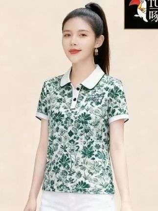 啄木鸟2025年新款减龄小众上衣夏季短袖印花翻领高级感百搭T恤女