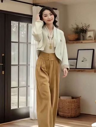 2025秋冬新款新中式茧型提花刺绣外套+高腰丝绒阔腿裤两件套女#早秋中性风穿搭#女性穿搭技巧#高级感女装#完美时尚搭配#怎么穿都好看@巨量千川