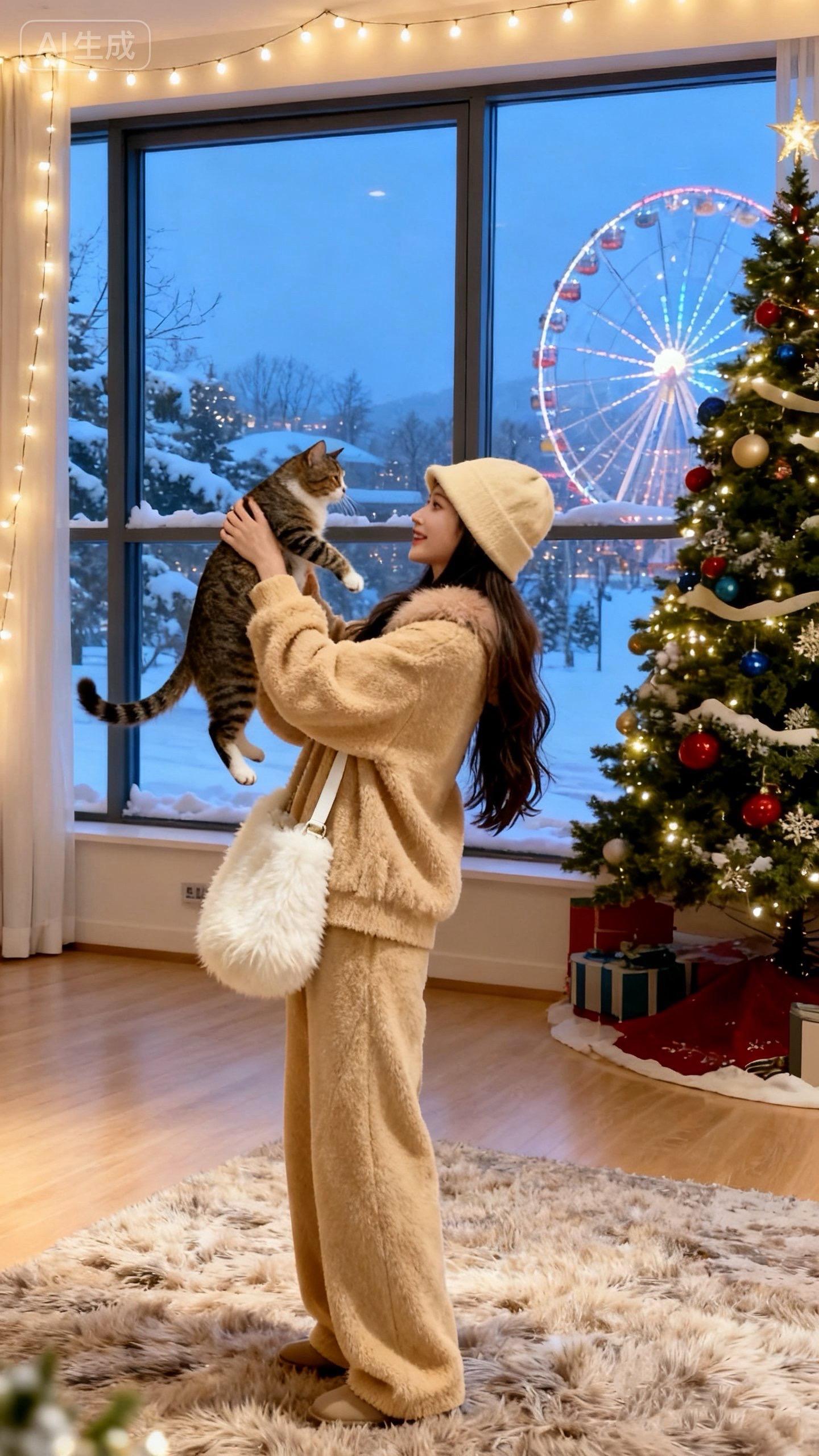 《暖冬与猫》  圣诞前夕,雪落满了窗外的世界。林溪抱着她的虎斑猫“年糕”,站在落地窗前。窗外摩天轮流光溢彩,将雪花映得像碎钻。屋内圣诞树的暖光晃着,毛绒地毯软和得像云朵。  她穿着米驼色的绒绒套装,背着毛茸茸的包,帽子边缘蹭着脸颊。“年糕”不安分地挥着爪子,却在她温柔的注视里慢慢安静。  去年此时,她独自在出租屋啃冷面包,如今有了家,有了猫,有了满室暖意。摩天轮转啊转,她低头蹭了蹭“年糕”的鼻尖,笑意在眼角化开——原来幸福会在某个冬天,以这样温柔的模样降临。#洋气减龄 #时尚穿搭 #清纯甜美 #清新脱俗 #简约大气