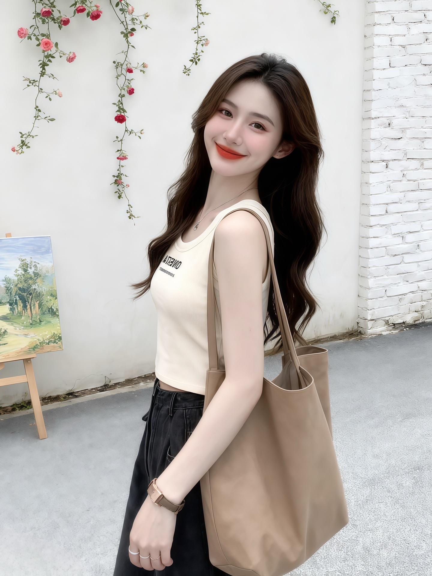 白墙垂着红蔷薇,画架上的风景画洇着绿意。她挎着棕包,米白背心的字母印得清亮,黑裤随步轻摆。他从画架旁走来,手里捏着支画笔:“等急了?”她抬眼笑,腕间手表亮了亮——这背心是他夏天挑的,说“字母随性,像你看画时的样子”,如今贴肤的凉意,像他掌心的温度。风卷着蔷薇香漫过,他忽然伸手,指腹擦过她背心的字母:“比画布上的树影,更让我心动。” #说好的随便穿穿去看秀 #针织衫 #早秋显身材平价上衣合集 #通勤穿搭如何摆脱土气感#初秋一周不重样穿搭@抖加🔥上热门🔥dou+🔥热点宝