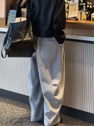 景倩妮灰色简约百搭宽松休闲裤#梨形高腰显瘦阔腿裤