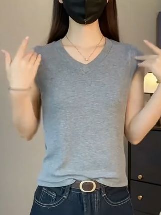 螺纹V领短袖t恤女夏季修身吊带背心显瘦打底衫百搭飞飞袖设计上衣#时尚短袖#V领T恤#无袖背心