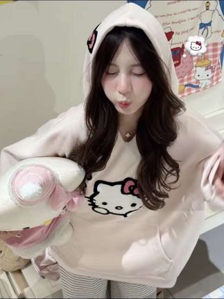 韩版粉色卡通kt猫咪刺绣秋冬甜美百搭连帽卫衣 #甜美穿搭 #小个子穿搭 #百搭上衣