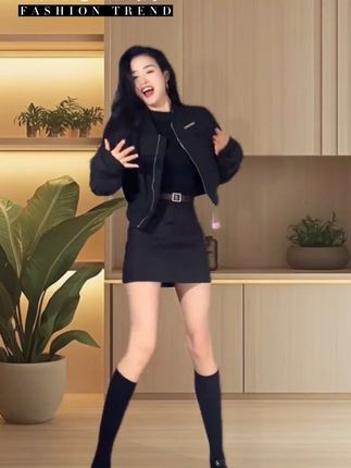 【三件套】洋气酷辣风一整套短款夹克外套+内搭短袖T恤+a字包臀裙
