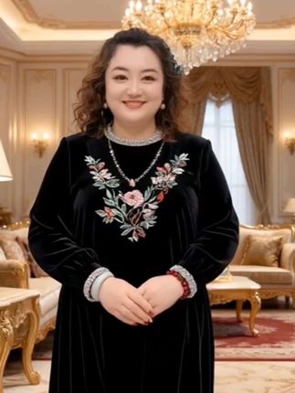 高端洋气年轻妈妈秋冬圆领刺绣连衣裙丝绒宽松大码遮肉过膝打底裙