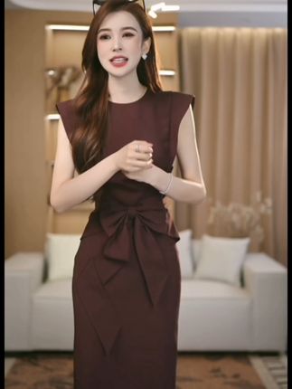 罗曼定制 高定原创蝴蝶结收腰优雅显瘦通勤中长款连衣裙女#洋气时尚