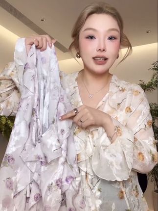 【瘦瘦】雾漫玫瑰-大码夏季绑带花边领喇叭袖雪纺开衫上衣S01414#夏季穿搭 #夏季新款女装 #甜美穿搭 #今日穿搭 #开衫上衣