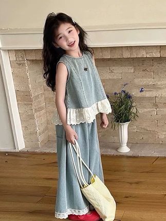 (高品质)女童夏季套装2025儿童洋气牛仔背心无袖上衣阔腿裤 #阔腿裤套装#牛仔套装#儿童穿搭#女童套装#儿童背心套装