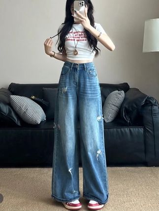 美式复古蓝破洞阔腿牛仔裤女夏季新款高腰宽松薄款透气直筒裤#女装 #显高显瘦 #显瘦牛仔裤 #百搭神裤 #显高显瘦显腿长