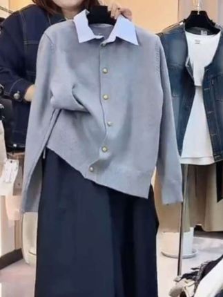 秋冬新款韩版衬衫领拼接纯色百搭宽松时尚休闲针织衫开衫女3976#两穿开衫 #秋冬新款上新 #经典百搭款