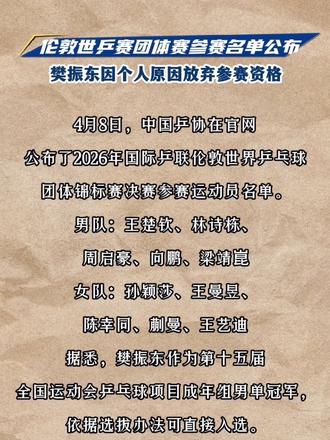 #资讯 中国乒协公布伦敦世界乒乓球团体锦标赛运动员名单。樊振东因个人原因放弃参赛资格。